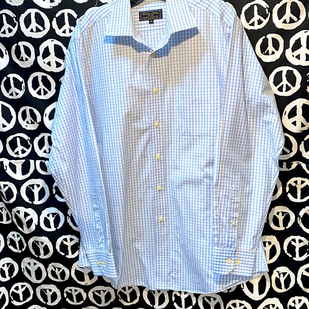MICHELSONS OF LONDON CHECKERED BLUE/WHITE DRESS SHIRT SZ 16